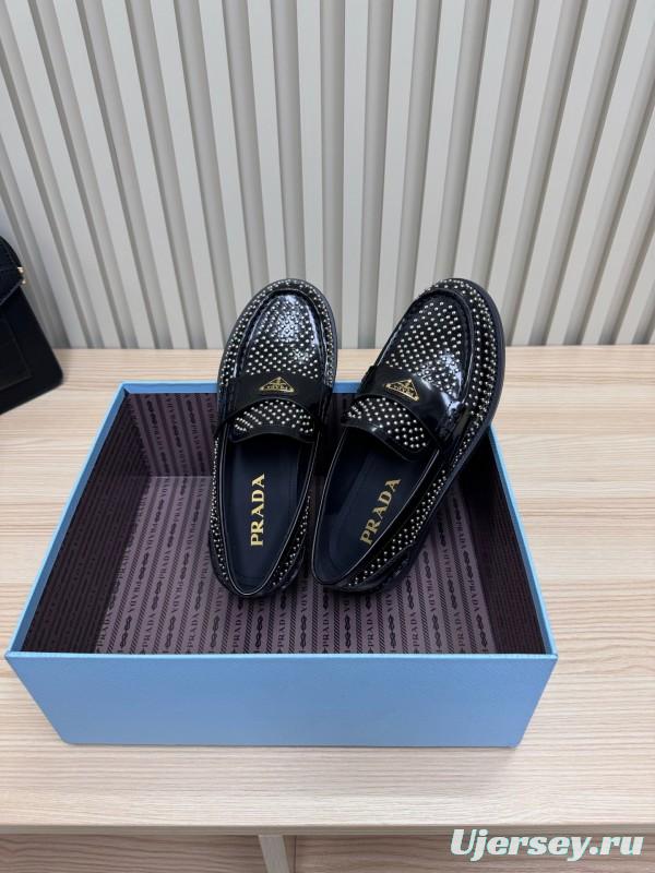 2025 Women Prada Black Leather Loafers Studded LY00340