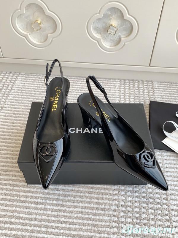 2025 Women Chanel Black Patent Leather Slingback Pumps Heart CC KFY00300