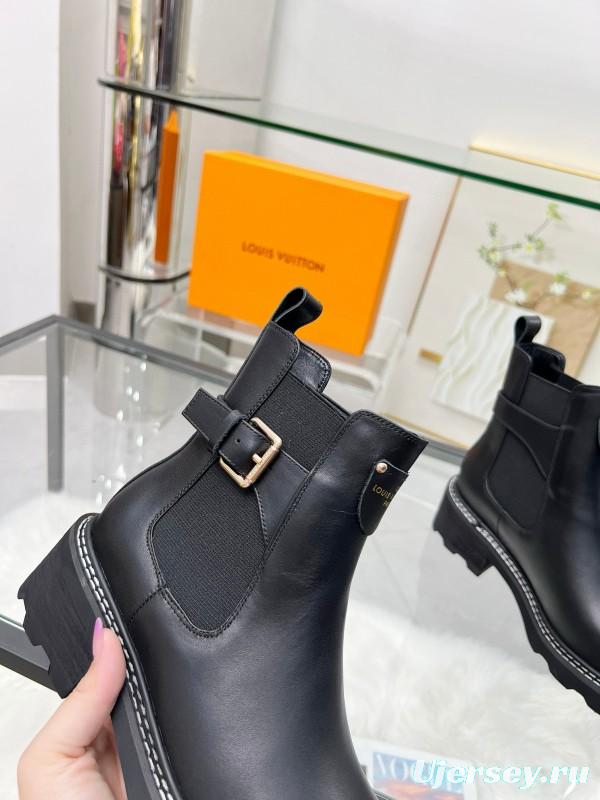 2024 Women Louis Vuitton Black Leather Ankle Boots MJ00310