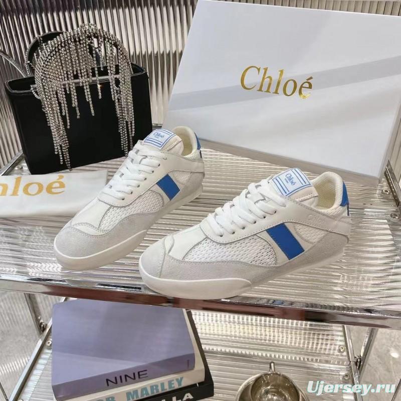 2025 Women Chloé White Blue Mesh Leather Casual Sneakers LY00280