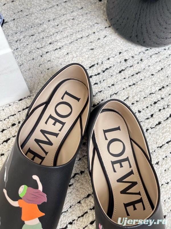 2025 Women Loewe Black Leather Loafers Painted LY00270