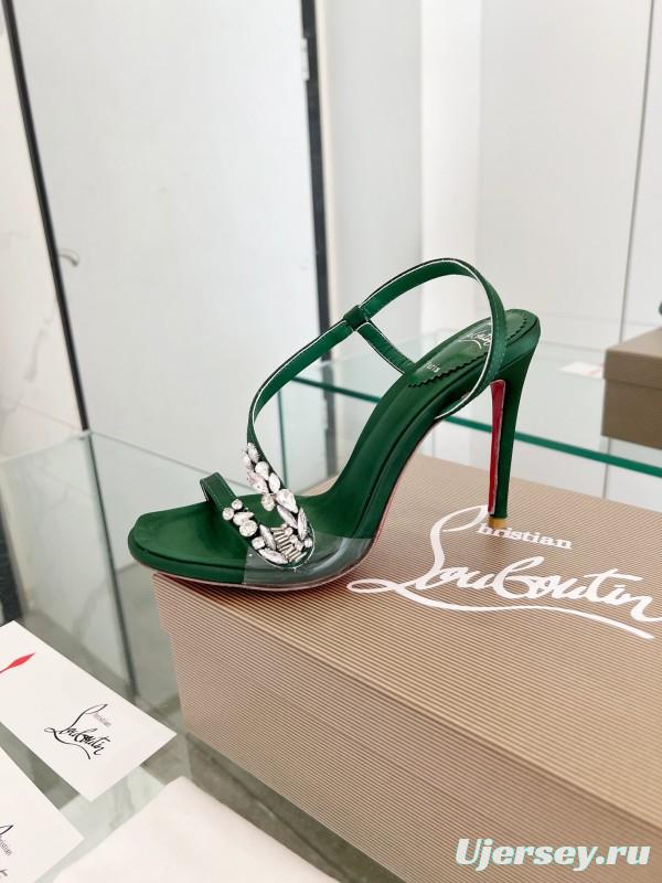 2025 Women Christian Louboutin Green Silk High Heel Crystal Sandal LY00300