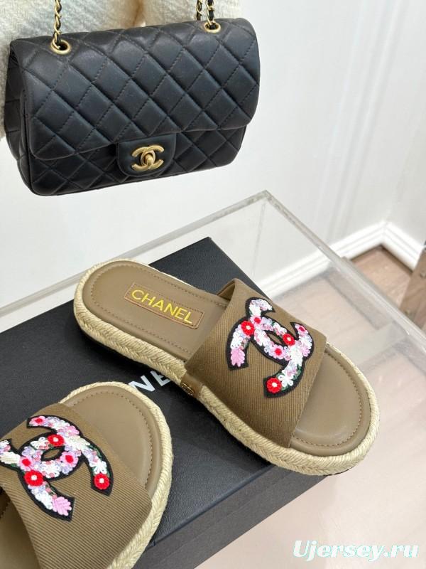 2025 Women Chanel Khaki Embroidered Lambskin Slippers KFY00230