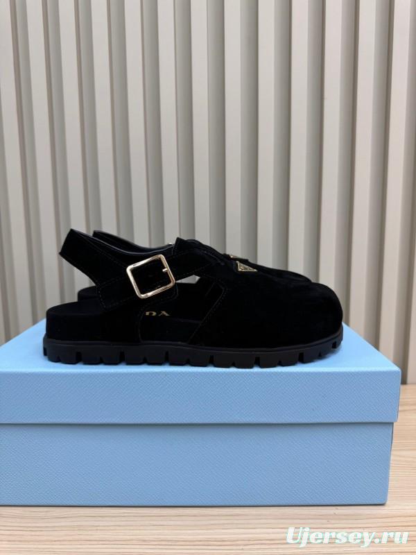 2025 Women Prada Black Suede Sandals LY00280