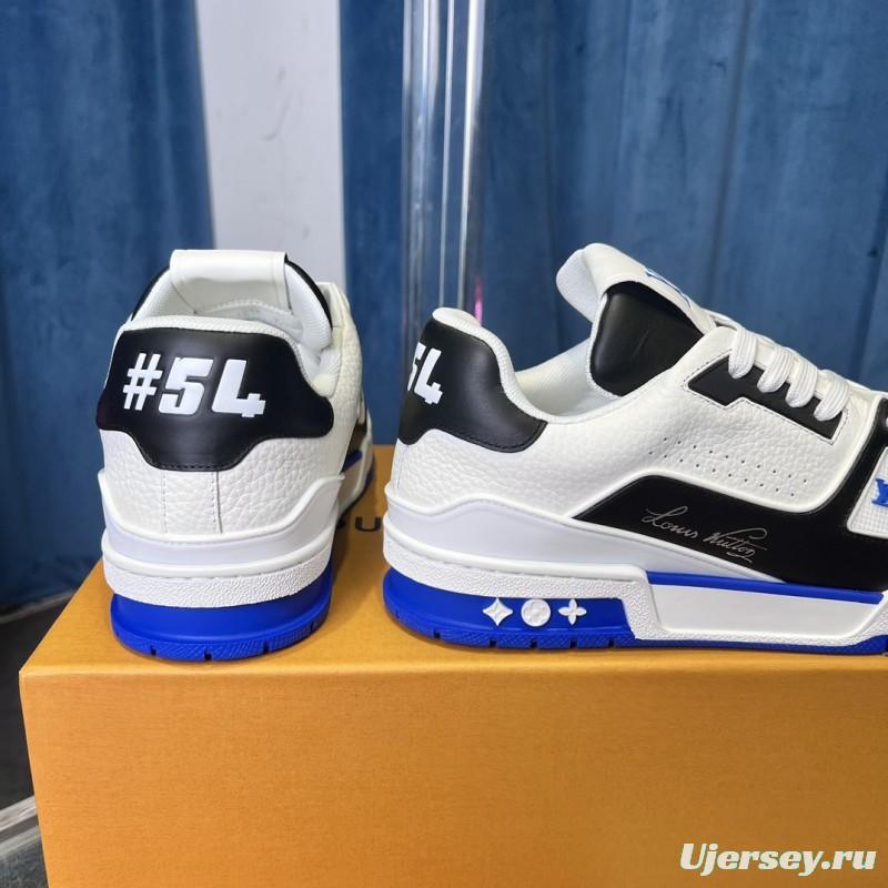 2025 Unisex Louis Vuitton Black White Blue Leather Plimsolls Stitching LV Trainer