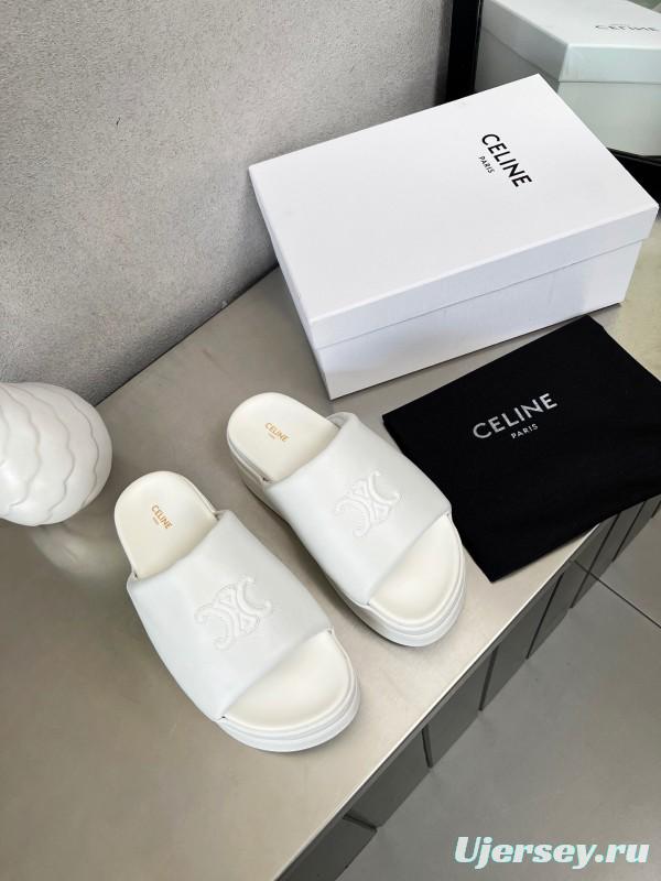 2025 Slippers Celine White Leather Platform Embossed LY00240
