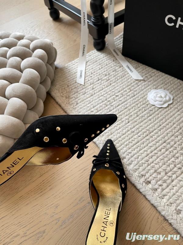 2025 Women Chanel Black Suede Pointed Toe Studded Mules