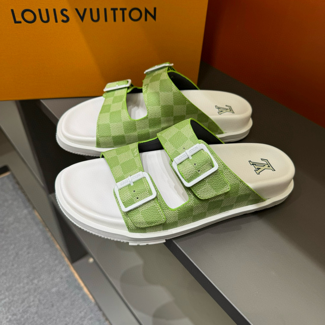 2024 Slippers Louis Vuitton Light Green White Leather Slippers