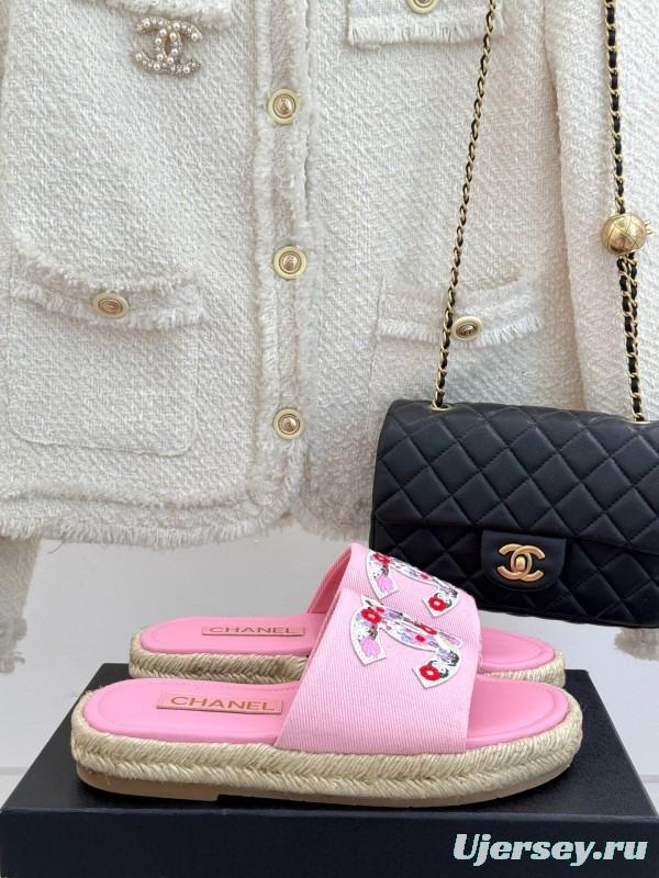 2025 Slippers Chanel Pink Canvas Embroidered KFY00230