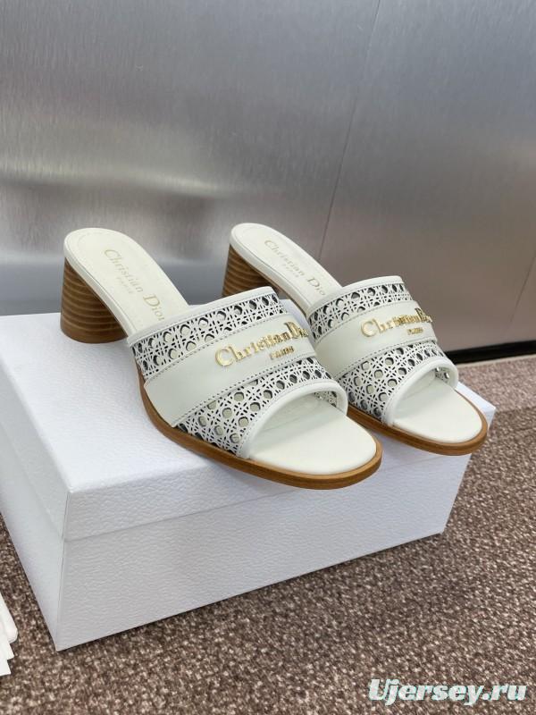 2025 Women Dior White Leather Sandals CD Pattern Low Heel KFY00310