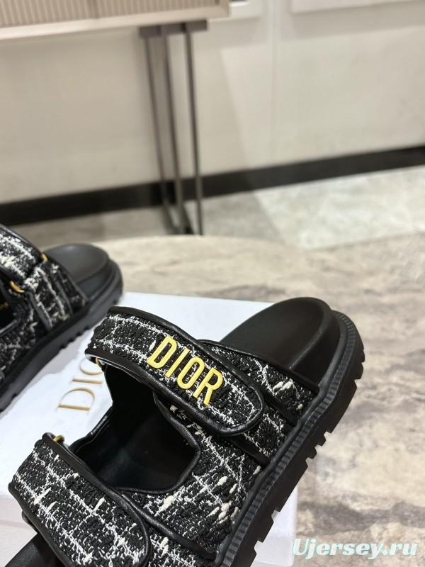 2025 Women Dior Black White Fabric Leather Sandals KFY00300