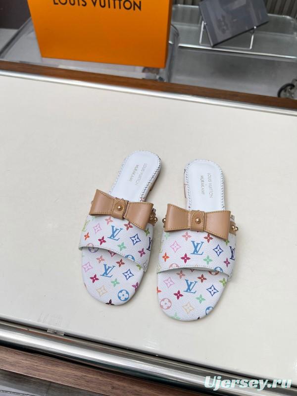 2025 Women Louis Vuitton White Multicolor Leather Slippers Monogram LY00200