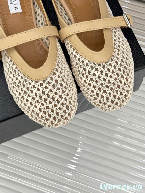 2025 Slippers ALALIA Beige Mesh Leather Flat Buckle