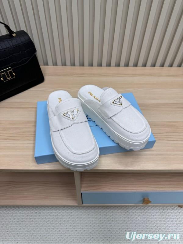 2025 Women Prada White Canvas Platform Loafers
