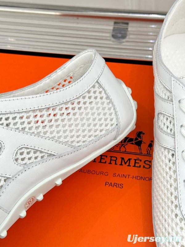 2025 Women Hermès White Mesh Leather Sneakers