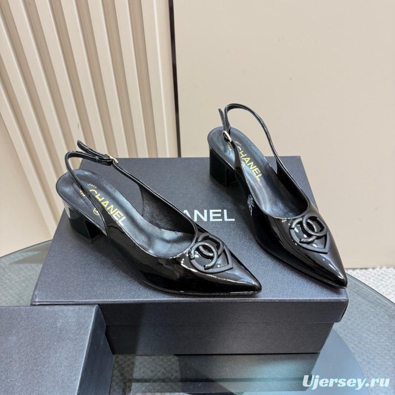 2025 Women Chanel Black Patent Leather Slingback Pumps