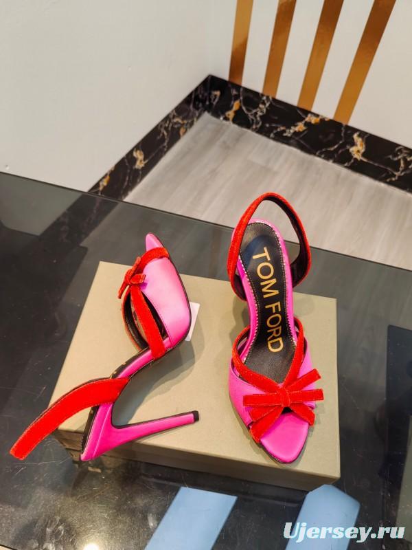 2025 Women TOM FORD Pink Red Velvet Silk High Heel Open Back Sandals