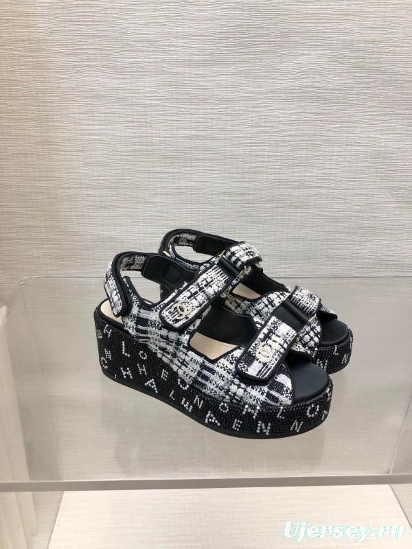 2025 Women Chanel Black White Fabric Platform Sandals LY00330