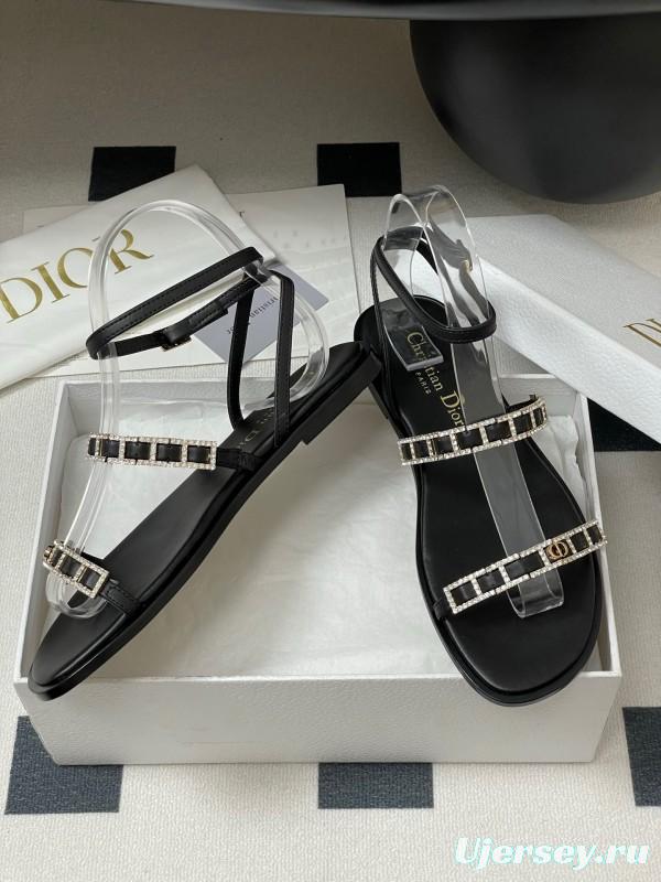 2025 Women Dior Black Crystal Embellished Leather Flat Sandals
