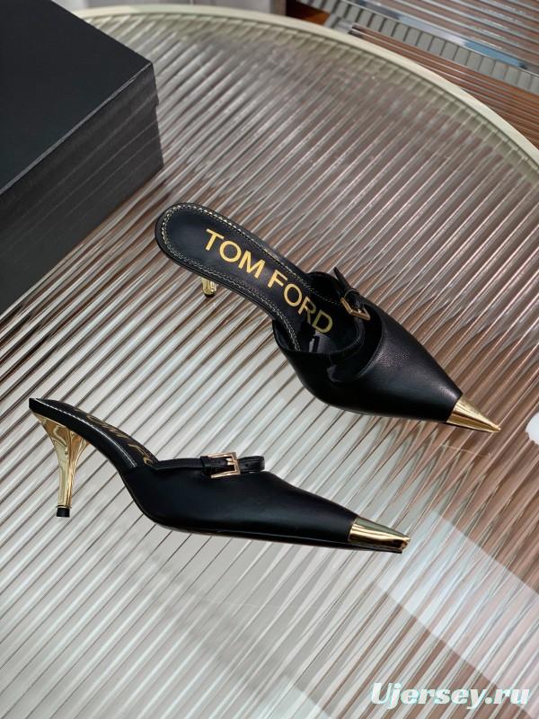 2025 Women TOM FORD Black Gold Leather Heeled Mules KFY00300