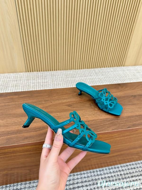 2025 Women Loewe Turquoise Leather Heeled Sandals LY00250