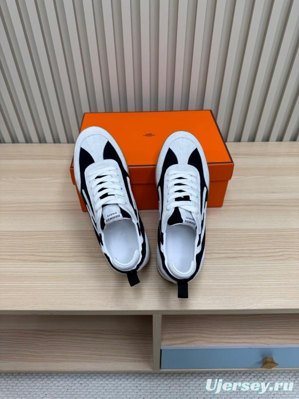 2025 Unisex Hermès White Black Suede Down Fabric Sneakers Top Version LY00310