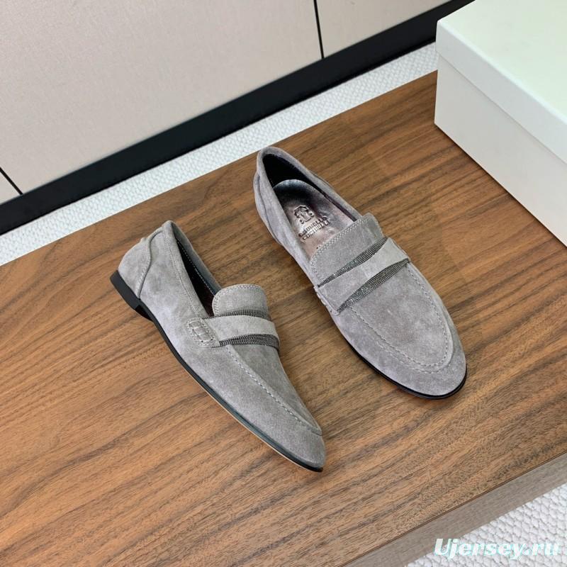 2025 Men Brunello Cucinelli Grey Suede Loafers Handcrafted Leather Sole KFY00300(M)