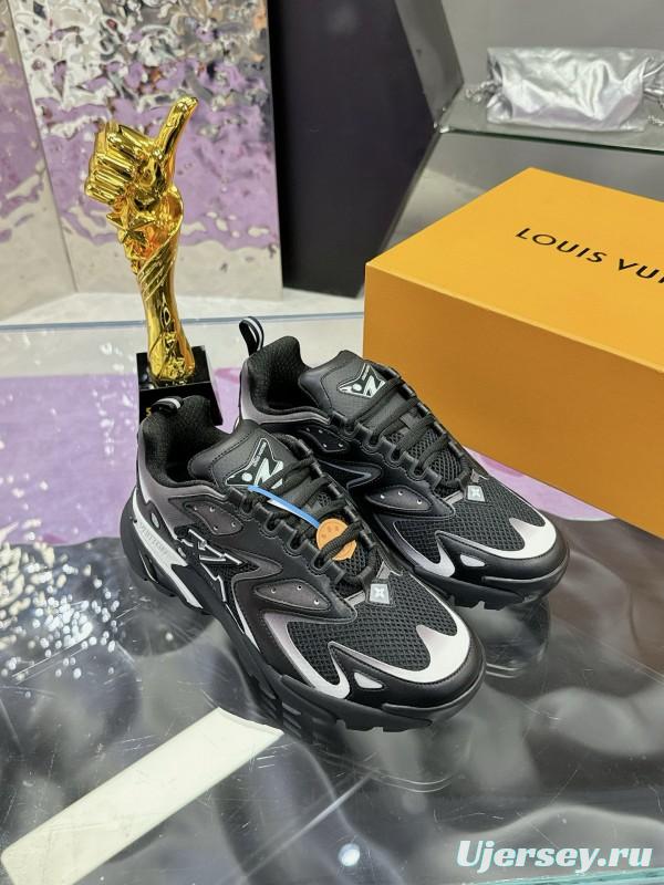 2025 Men Louis Vuitton Black Grey Mesh Leather Sneakers MJ00420