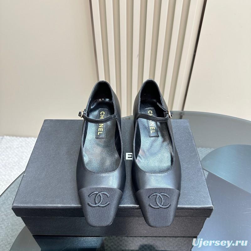 2025 Women Chanel Black Lambskin Mary Jane Shoes KFY00290
