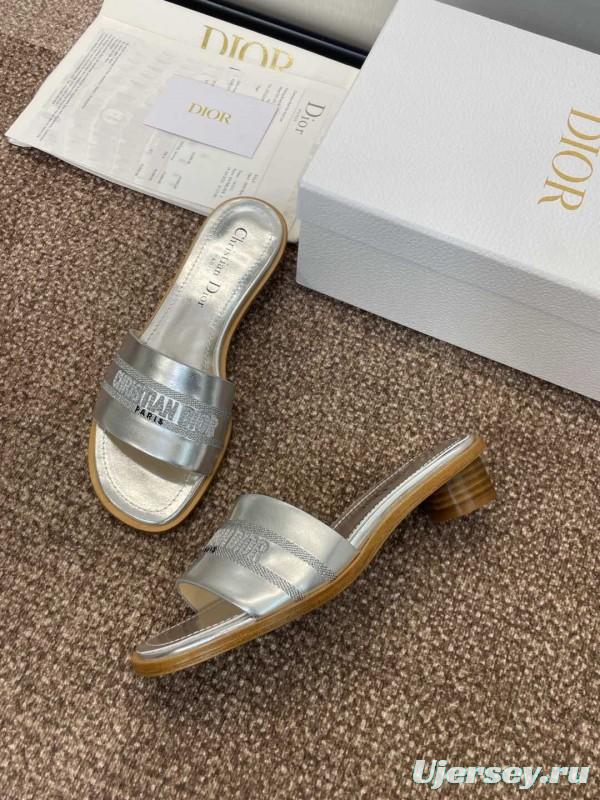 2025 Women Dior Silver Leather Slippers CD Logo KFY00300