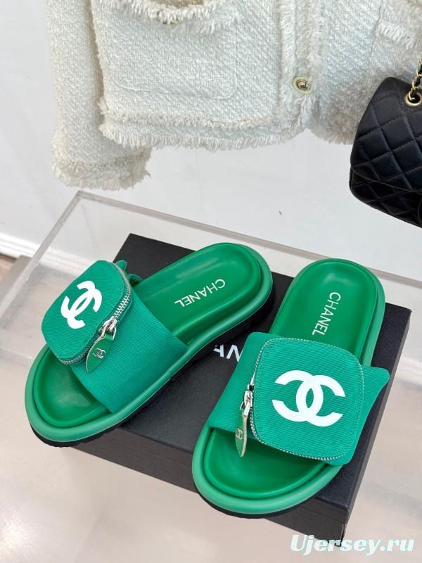 2025 Slippers Chanel Green Canvas Women Slippers KFY00220