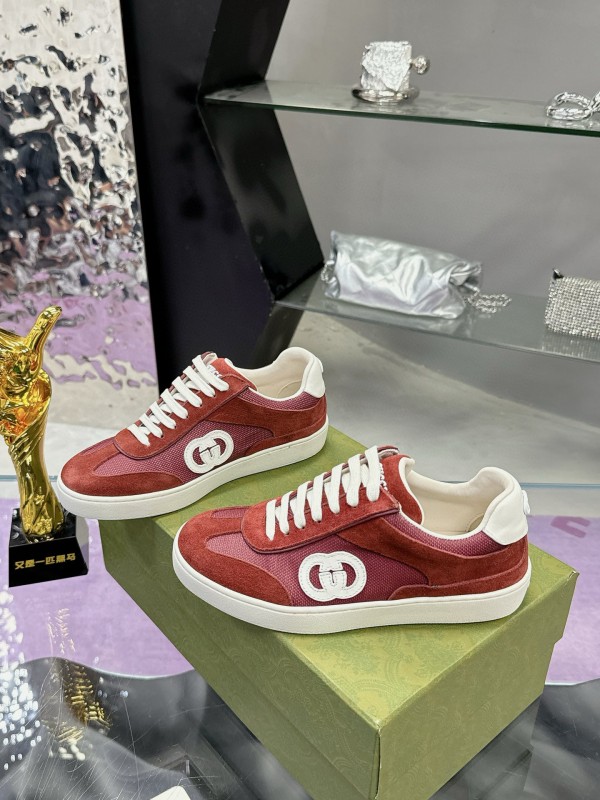 2024 Unisex Gucci Red Burgundy White Leather Suede Sneakers MJ00310