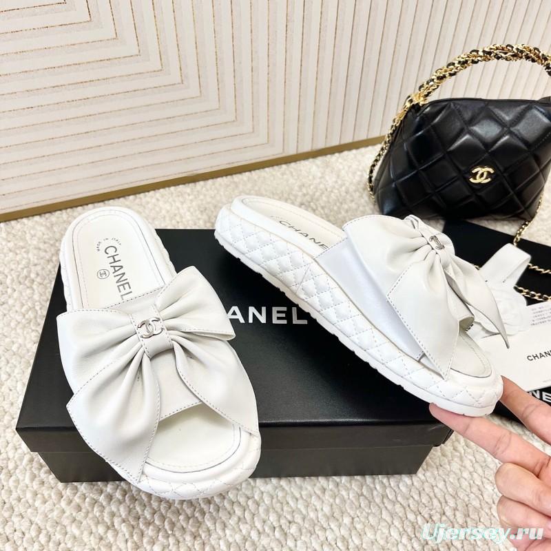 2025 Women Chanel White Leather Slippers Bow Detail KFY00310