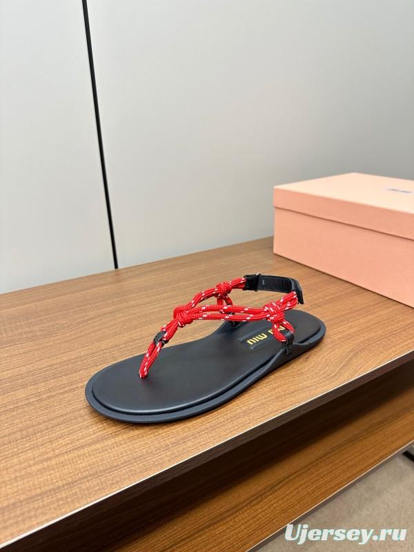 2025 Women Miu Miu Black Red Leather Sandals