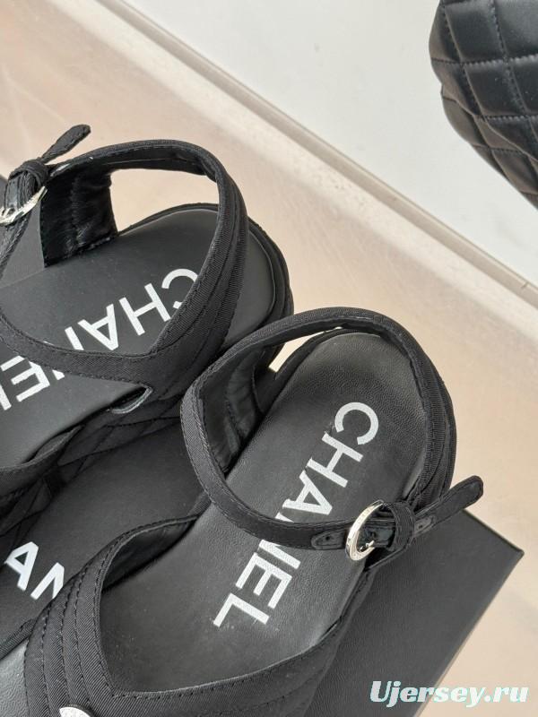 2025 Women Chanel Black Fabric Platform Sandals
