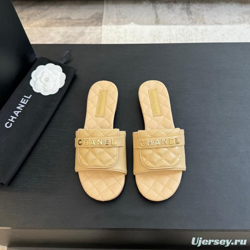 2025 Women Chanel Beige Leather Slippers