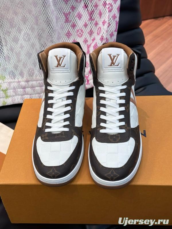 2024 Men Louis Vuitton White Brown Leather High Top Sneakers MJ00420