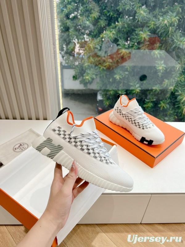 2024 Unisex Hermès White Grey Orange Calfskin Suede Knit Sneakers MJ00290(F/M)