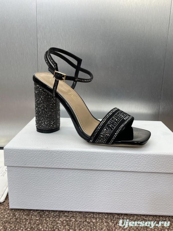 2025 Women Dior Black Patent Leather Crystal High Heel Sandals KFY00320