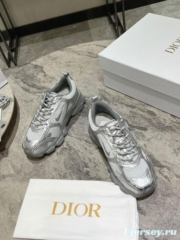 2025 Women Dior Silver Mesh Leather Sneakers