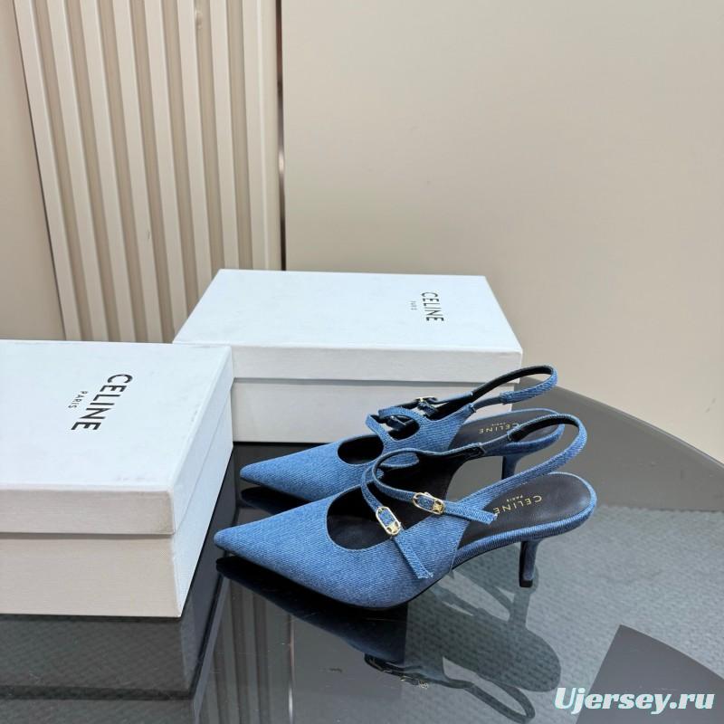 2025 Women CELINE Blue Denim Leather Pointed Toe Slingback Heels KFY00290