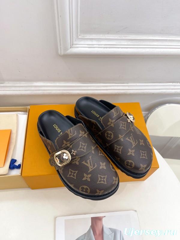 2025 Women Louis Vuitton Brown Leather Slippers Monogram KFY00300