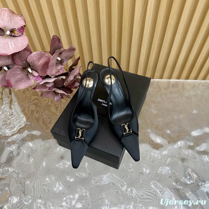 2025 Women Yves Saint Laurent Black Leather Slingback Pumps MJ00300