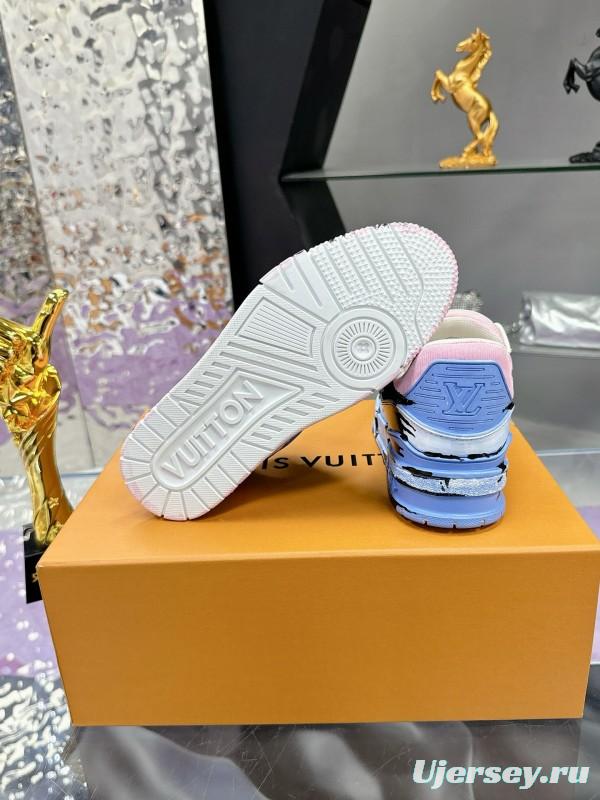 2024 Unisex Louis Vuitton Pink Blue Black Leather Denim Plimsolls Hand-Painted MJ00780