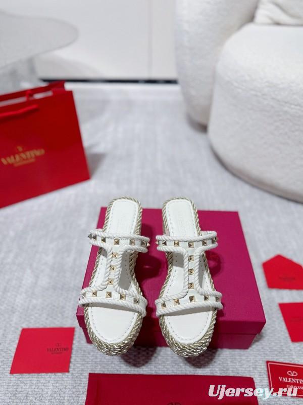 2025 Women Valentino White Leather Wedge Sandals Studs LY00290
