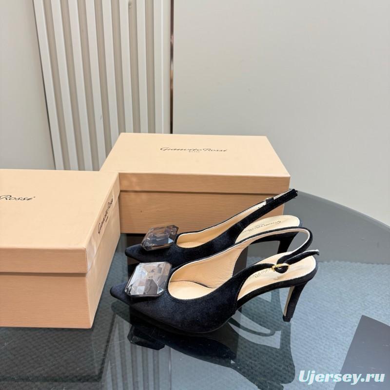 2025 Women Gianvito Rossi Black Velvet Slingback Heels Gemstone Decoration KFY00300