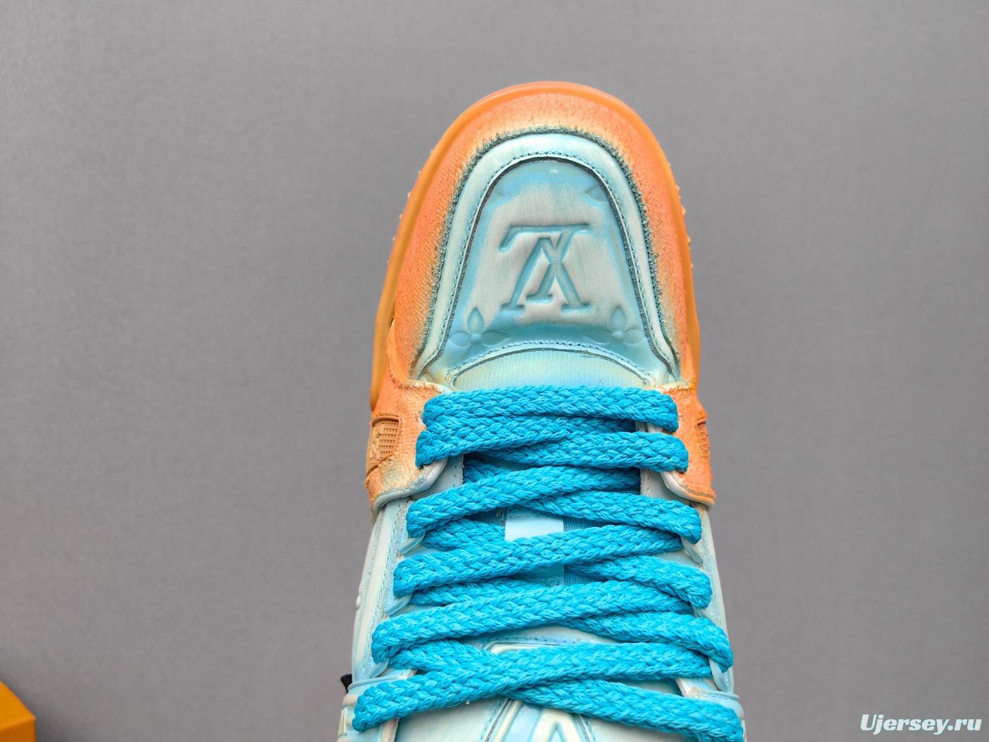 2025 Unisex Louis Vuitton Blue Orange Denim TPU Plimsolls Complex Wash KFY00510