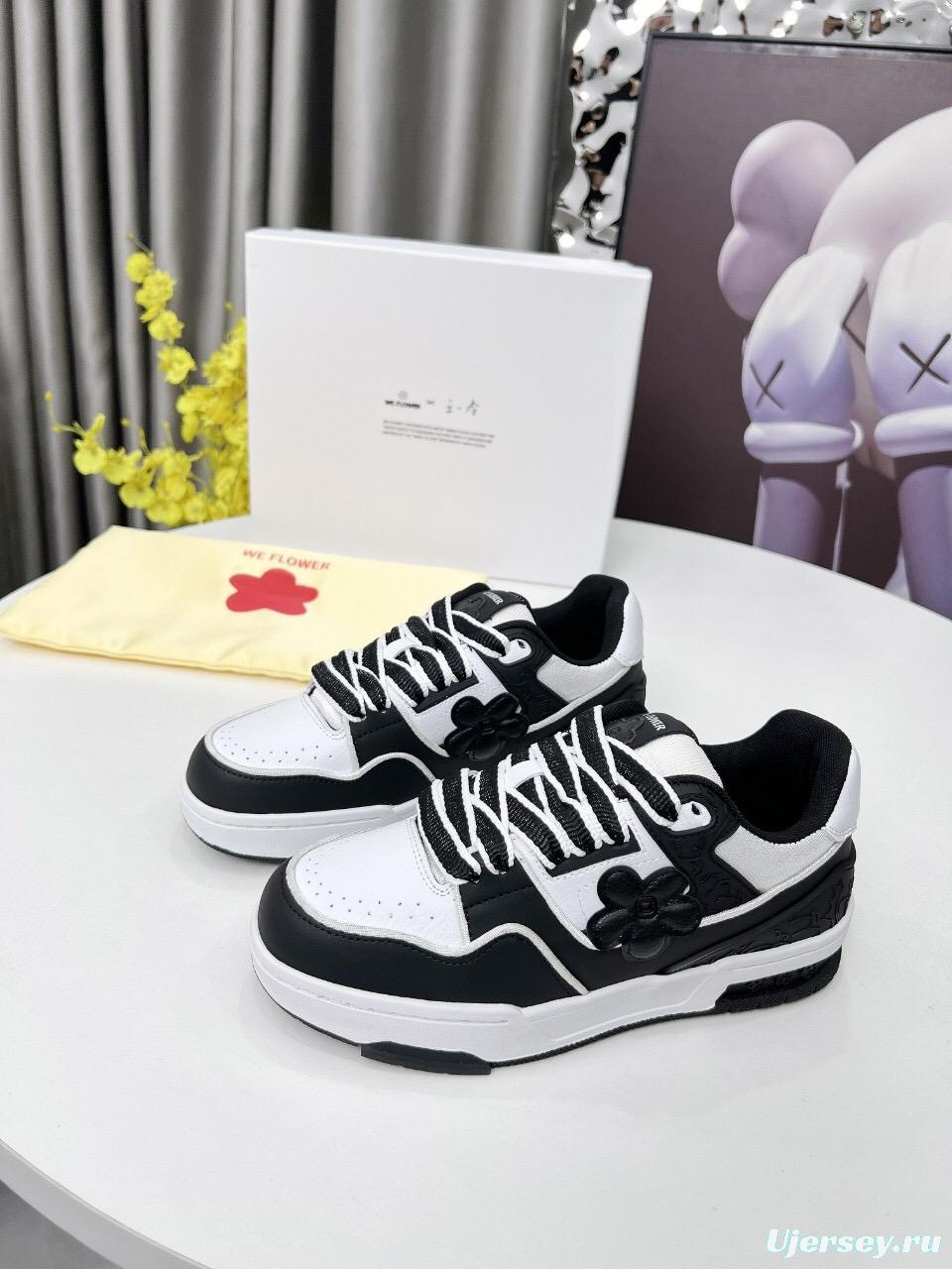 2025 Unisex WEFLOWER Black White Leather Sneakers LY00280