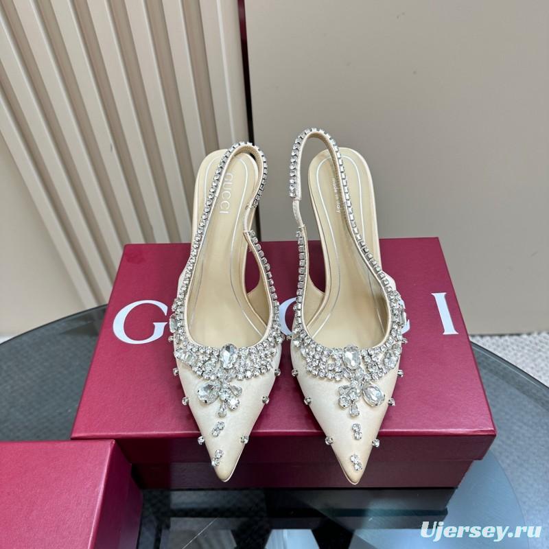2025 Women Gucci Beige Silk Crystal Embellished Slingback Heels KFY00340