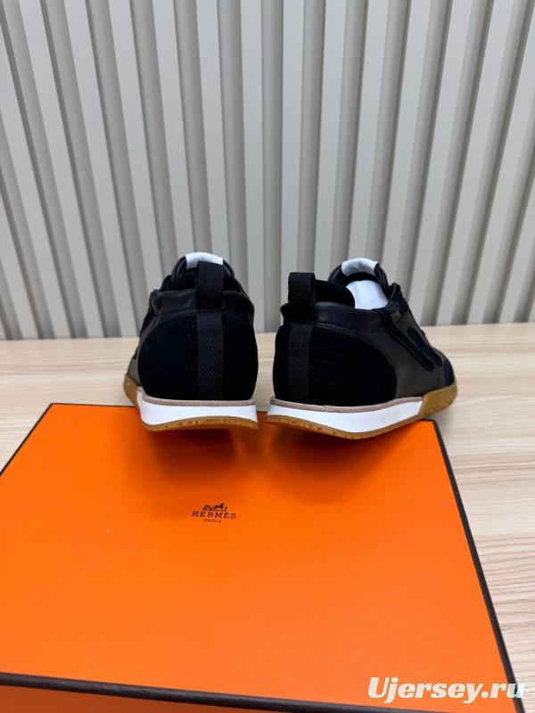 2025 Unisex Hermès Black Brown Suede Goat Leather Down Fabric Sneakers Top Version KFY00300